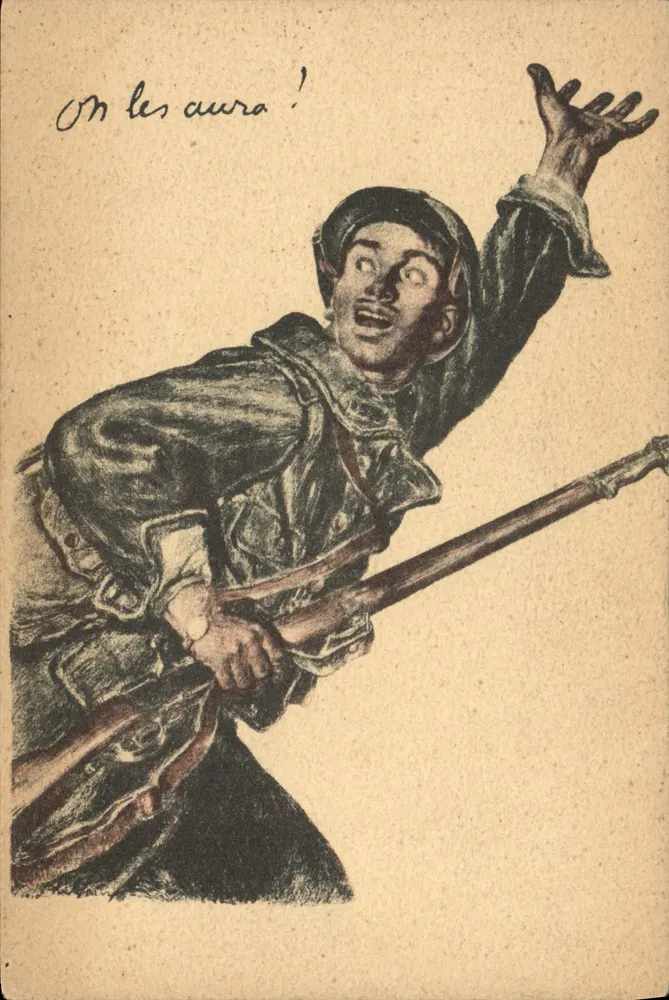 Soldado em ação — slogan 'On les aura !' — Oevambez, Paris, Visa N° 50 - Frente