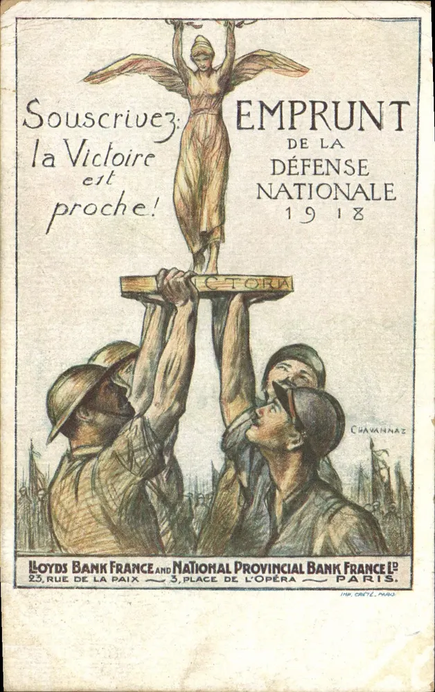 Soldaten, die die Statue der Siegesgöttin tragen — Kriegsleihkasse 1918 — Chavannaz, Paris - Vorderseite