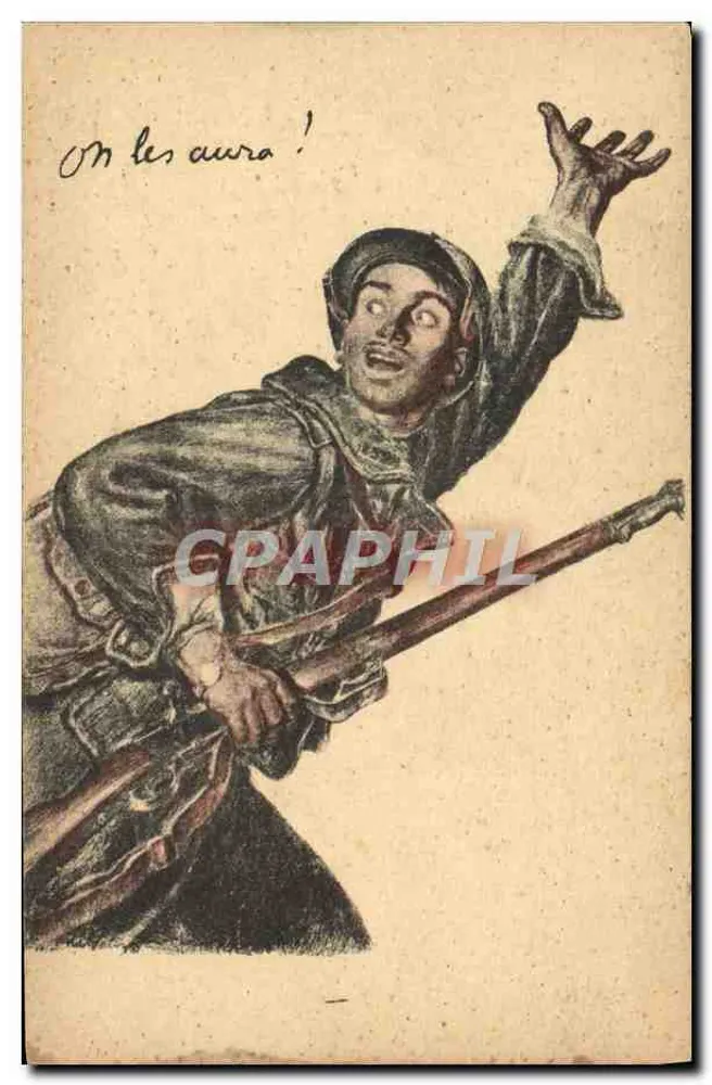 Soldado em ação — On les aura ! — Carta postal de correspondência - Frente