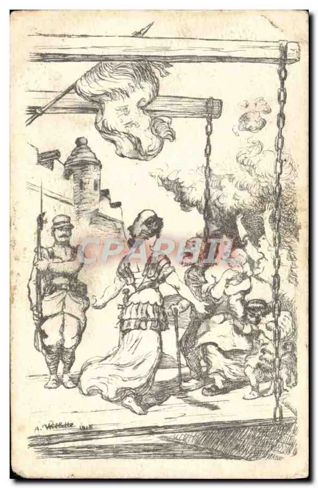Scena wojenna — stracenie więźnia — rysunek A. Vécette 1918 - Awers
