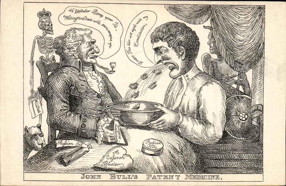 John Bull's Patent Medicine — caricatura satirica — Edizione La Cigogne, Marsiglia - Recto