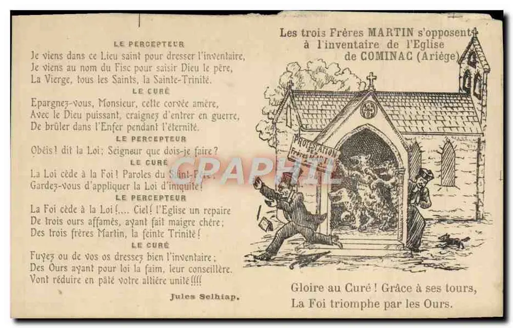 Die drei Brüder Martin lehnen die Bestandsaufnahme der Kirche von Cominac (Ariège) ab — Jules Selhiap - Vorderseite