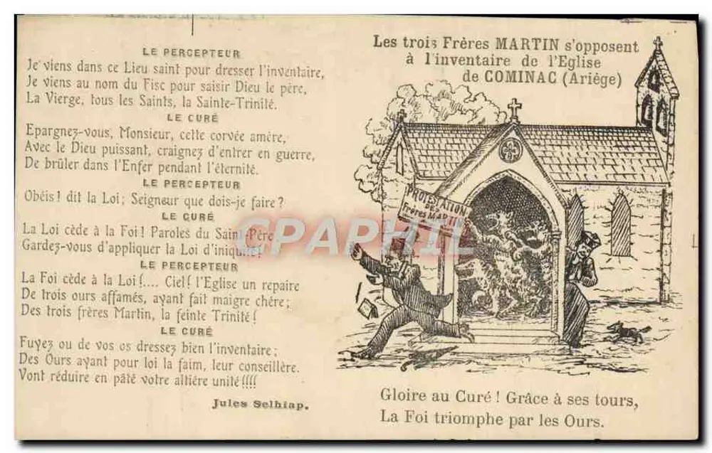 Die drei Brüder MARTIN lehnen die Inventur der Kirche von COMINAC (Ariège) ab — Jules Selhiap - Vorderseite