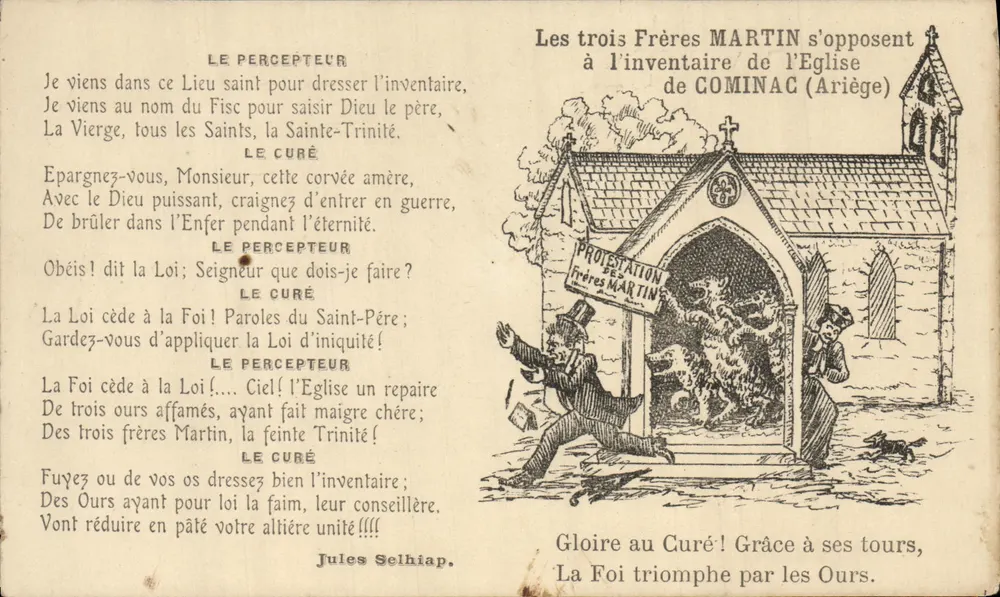 Die drei Brüder MARTIN lehnen die Inventur der Kirche von COMINAC (Ariège) ab — Jules Selhiap - Vorderseite