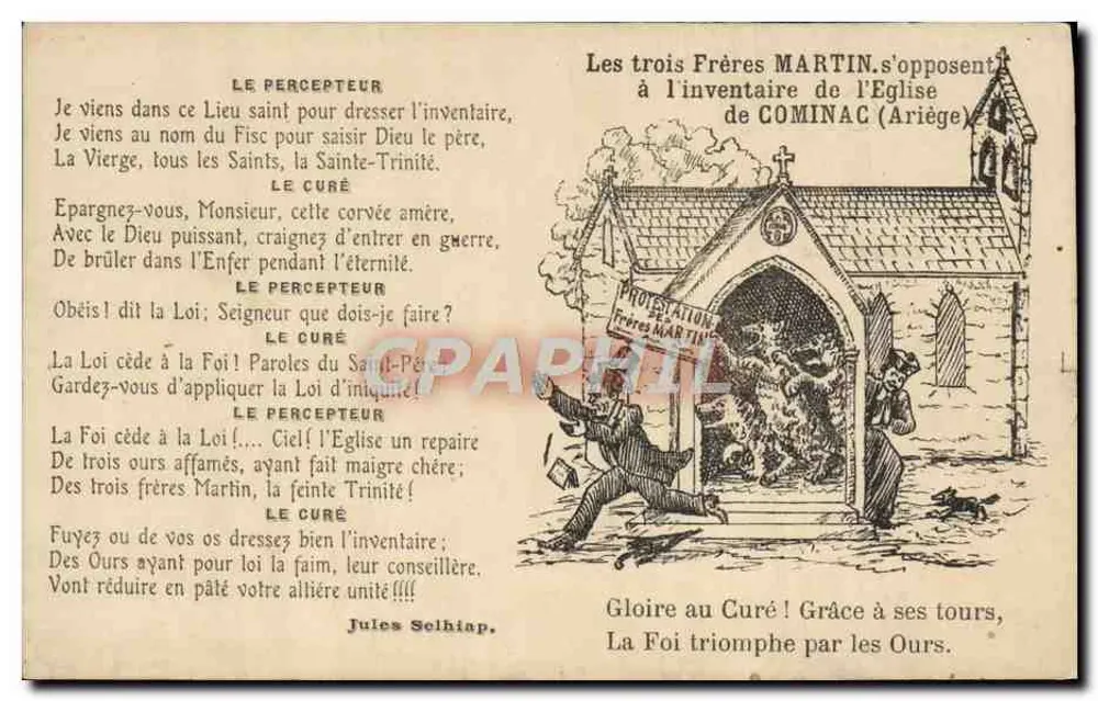 Die drei Brüder MARTIN lehnen die Inventur der Kirche von COMINAC (Ariège) ab — satirische Karikatur — Jules Selhiap - Vorderseite