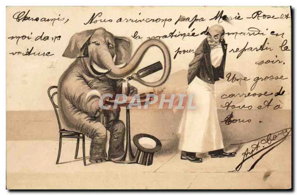 Elefante e homem — caricatura humorística — editor Art. Bonne - Frente