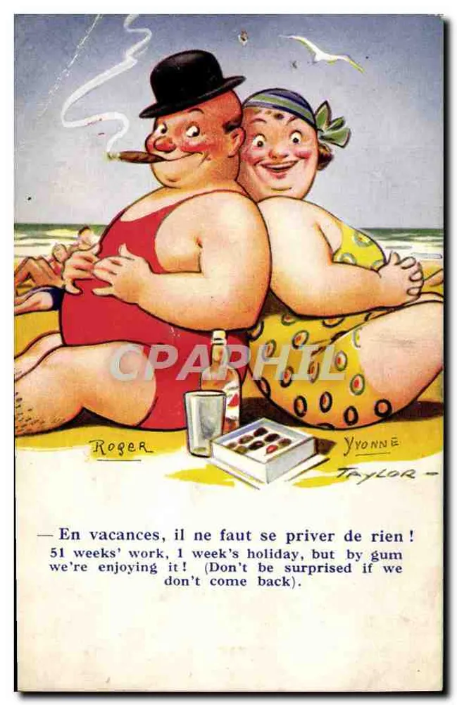 Dois homens gordos de férias — Roger e Yvonne Taylor — editor B.C. Post Card, n° 55 - Frente