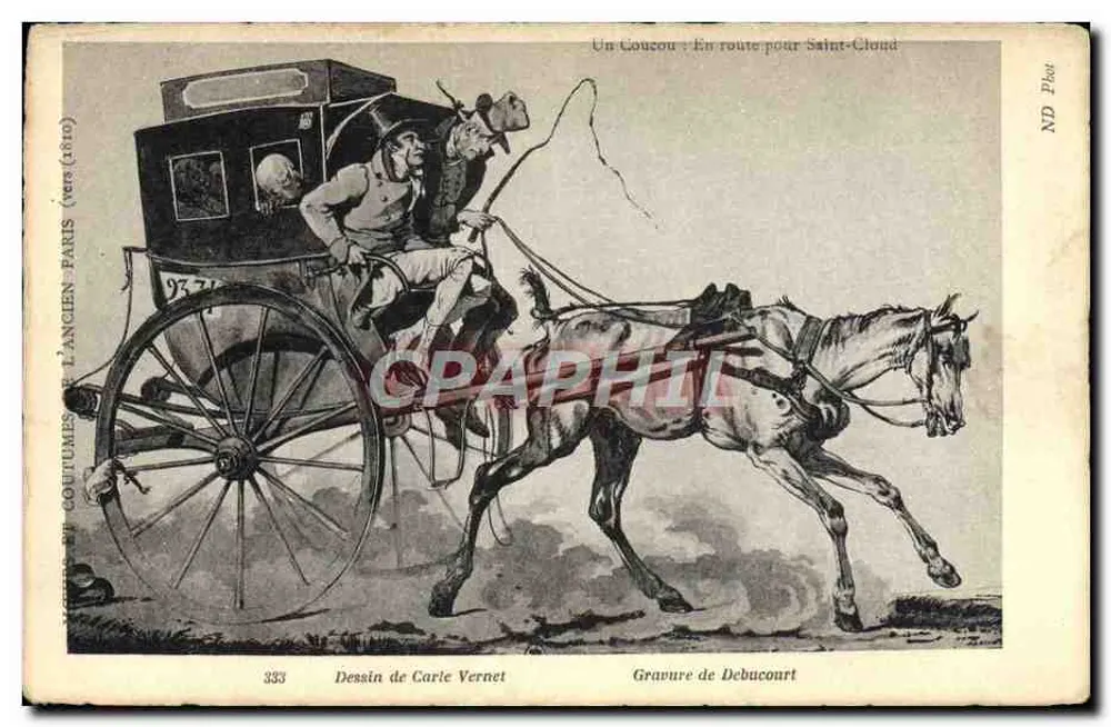 Ein Coupou: Auf dem Weg nach Saint-Cloud — Zeichnung von Carle Vernet, Kupferstich von Debucourt, Serie 'Kleidung und Sitten des alten Paris' Nr. 333 - Vorderseite