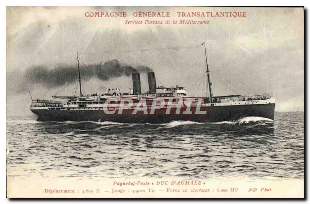 Dampfschiff Duc d'Aumale — Compagnie Générale Transatlantique — Postdienste der Mittelmeerkompanie - Vorderseite