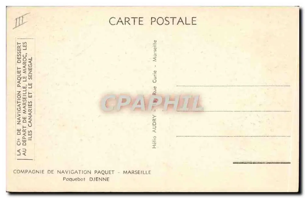 Dampfschiff Djenne — Compagnie de Navigation Paquet — Marseille - Rückseite