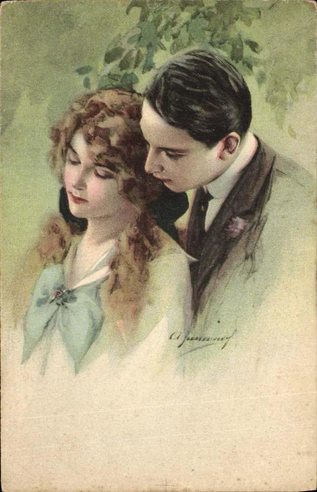 Junges Paar unter Bäumen — Illustration von O. Jusserand — Verleger Vano Revisioni Sampa, Nr. 61102 - Vorderseite