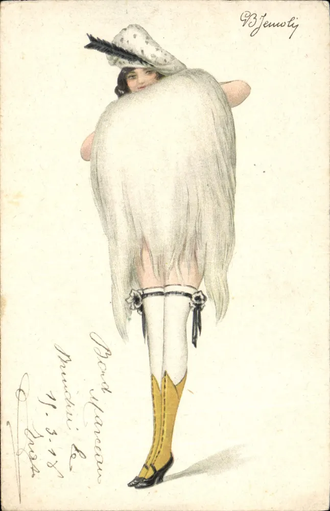 Frau in weißer Pelzjacke — Bühnenkostüm — B. Jemoly - Vorderseite