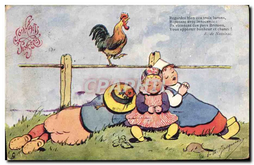 Drei schlafende bretonische Gnome — Zeichnung von M. de la Farge — Verlag Raphaël Tuck & Fils, Paris - Vorderseite