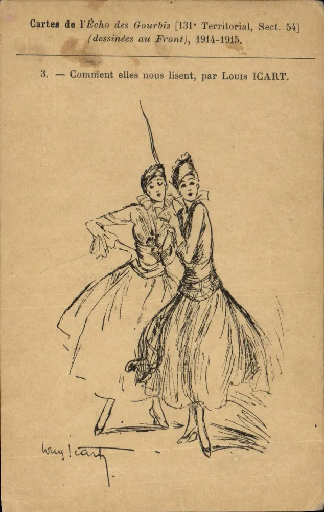 Zwei Soldaten, die Postkarten lesen — 131. Territorial, Sect. 54 — gezeichnet am Front von Louis ICART (1914-1915) - Vorderseite