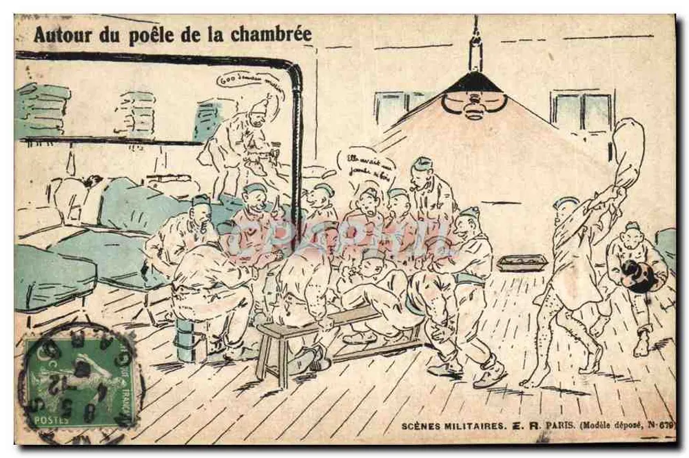 Um den Ofen in der Baracke — Militärszenen — E. R. Paris, Nr. 679 - Vorderseite