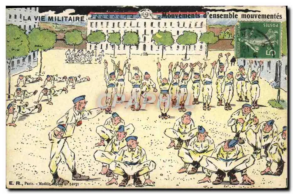 Soldados em exercícios — A Vida Militar — E.R., Paris, Modelo depositado n° 14877 - Frente