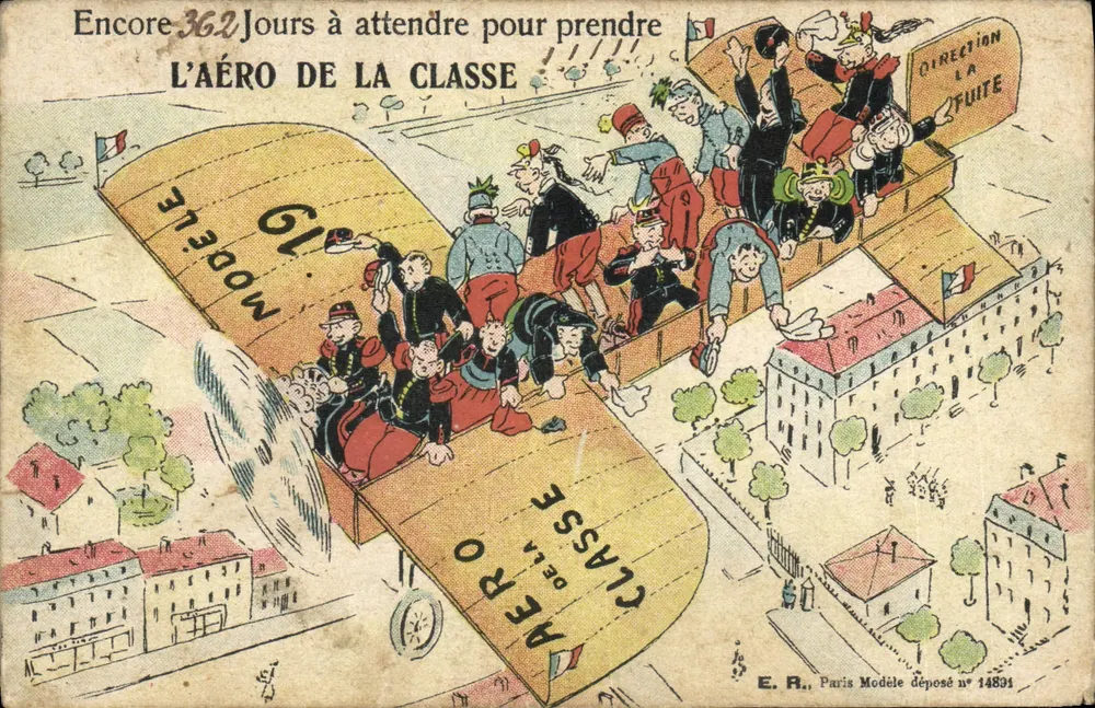 Schüler wartet auf das Flugzeug — humoristische Karikatur — E.R., Paris, Modell eingereicht Nr. 14894 - Vorderseite