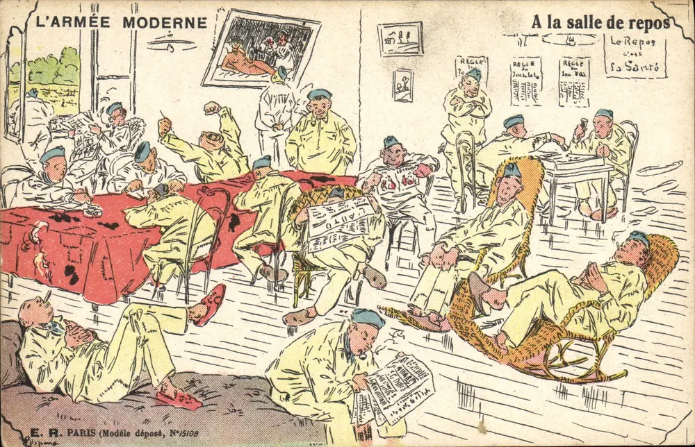 DIE MODERNE ARMEE — Im Ruhezimmer — E.R. PARIS (Geschütztes Modell, Nr. 2109) - Vorderseite