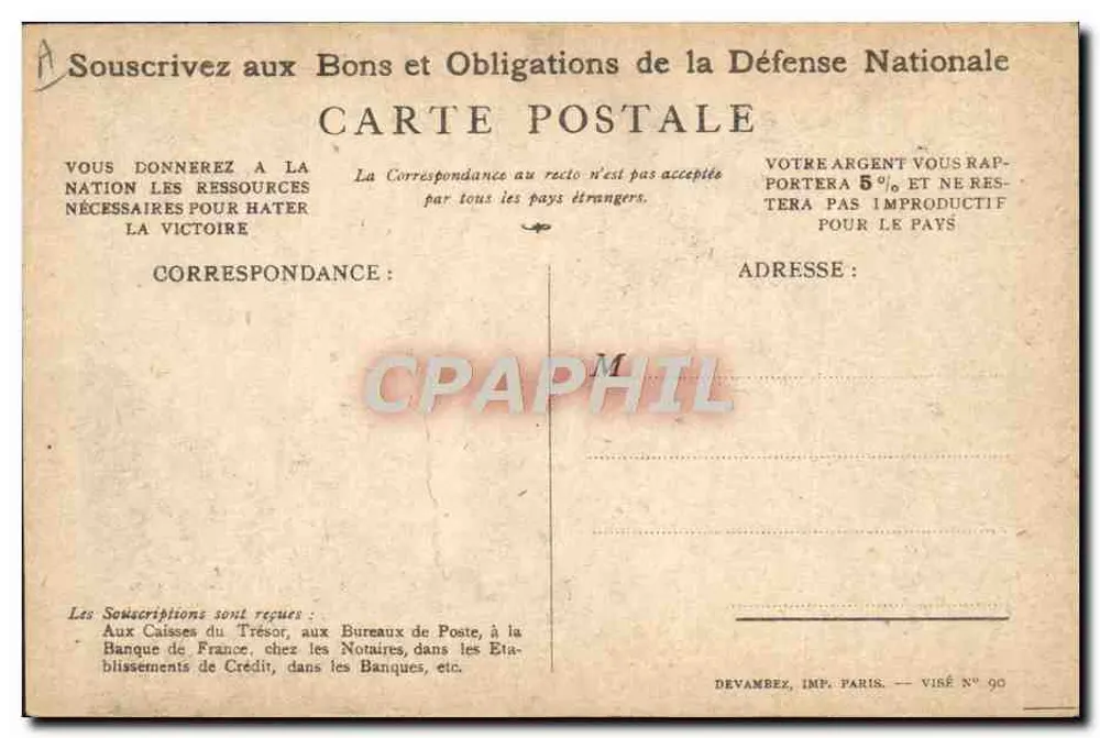 Soldat, der 'On les aura !' ruft — Aufruf, sich für Staatsanleihen der Nationalen Verteidigung zu bewerben — Devambex, Imp. Paris, Visé N° 90 - Rückseite
