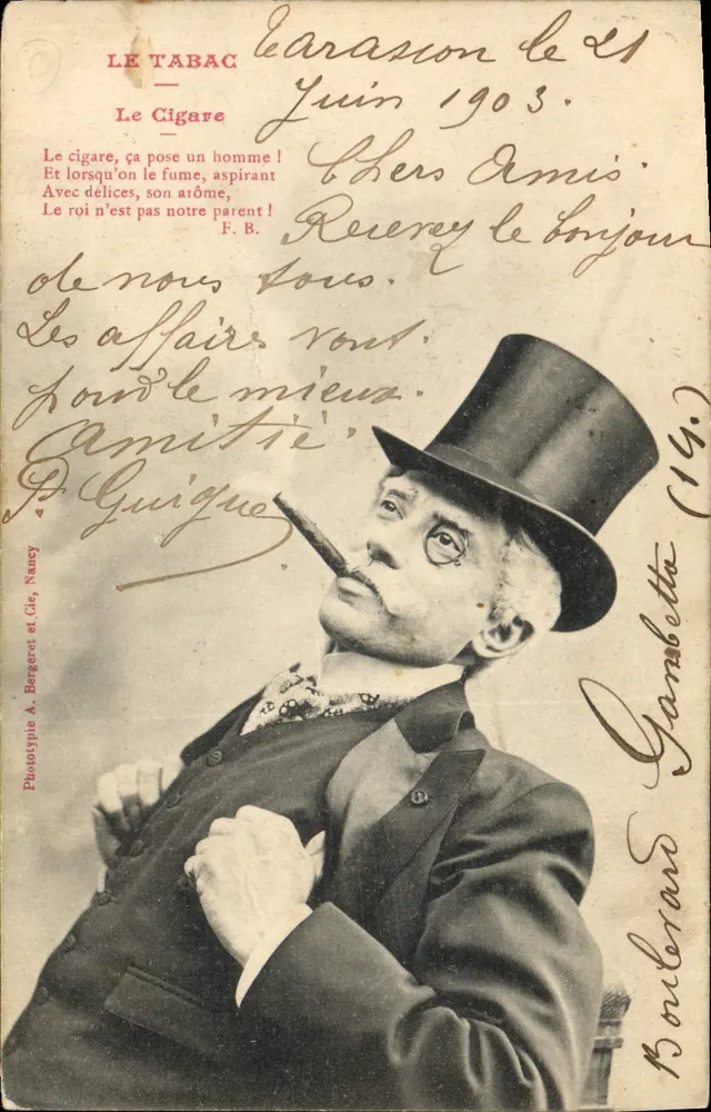 Mann in Zylinder, der eine Zigarre raucht — Das Tabak — Phototypie A. Bergeret et Cie, Nancy - Vorderseite