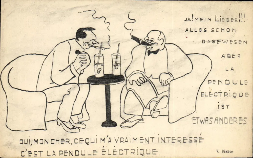 Dois homens discutindo sobre um relógio elétrico — V. Bianco - Frente