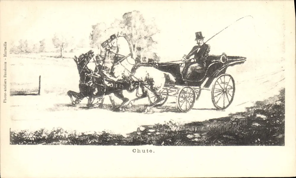 Queda. — Acidente de carruagem a cavalo — Photo-ateliers Baudouin - Marseille - Frente