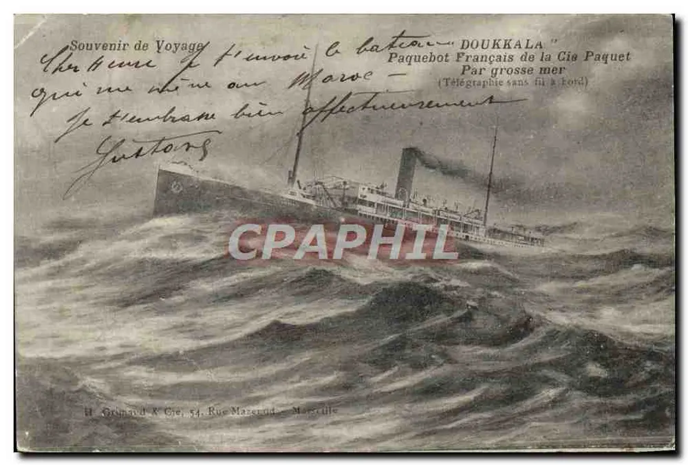 Doukkala — französischer Dampfer der Compagnie Paquet — auf hoher See — H. Grimaud & Cie, Marseille - Vorderseite