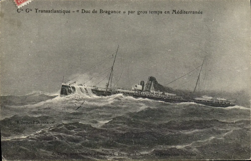 Transatlantische Gesellschaft – « Duc de Bragance » bei stürmischem Wetter im Mittelmeer — J. Dymont-Dopaze, Verlag Lyon - Vorderseite