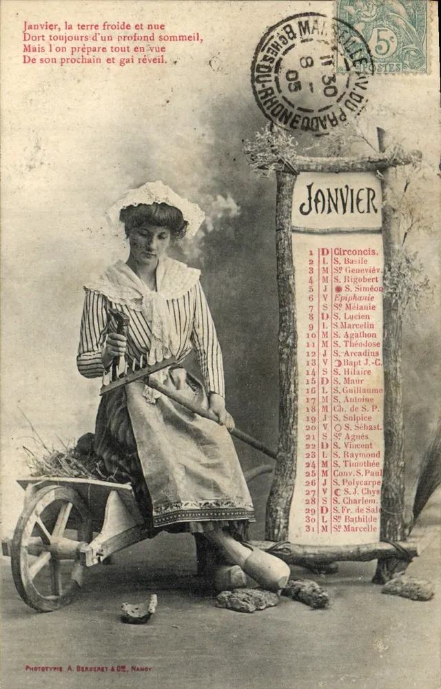 Frau mit Wagen — Januar — Phototypie A. Berberet & Cie, Nancy - Vorderseite
