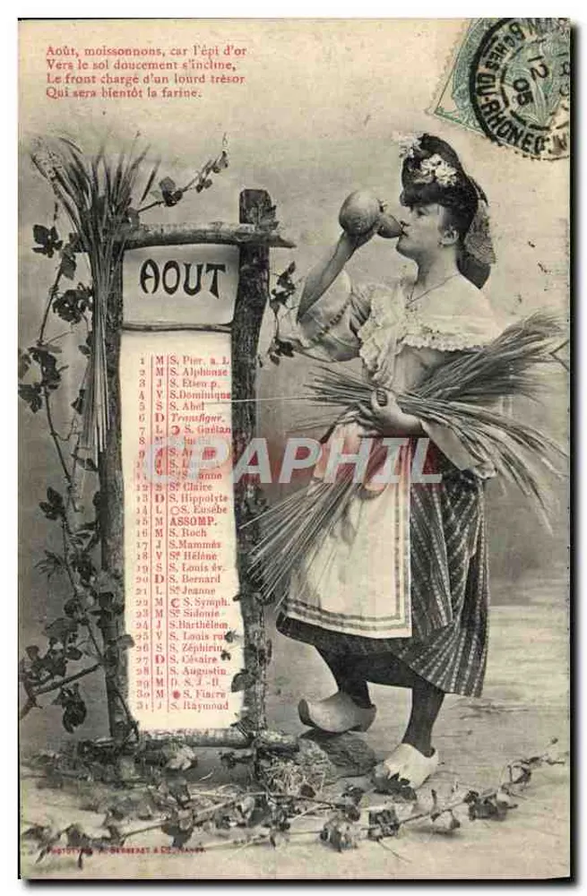 August — Kalender mit Frau, die Ähren hält — Phototypie P. Berghénet & Cie, Nancy - Vorderseite