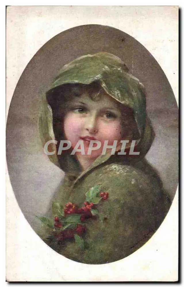 Junge Mädchen mit grüner Kapuze — mit roten Beeren — F. Martin-Navel, Drucker in Paris - Vorderseite