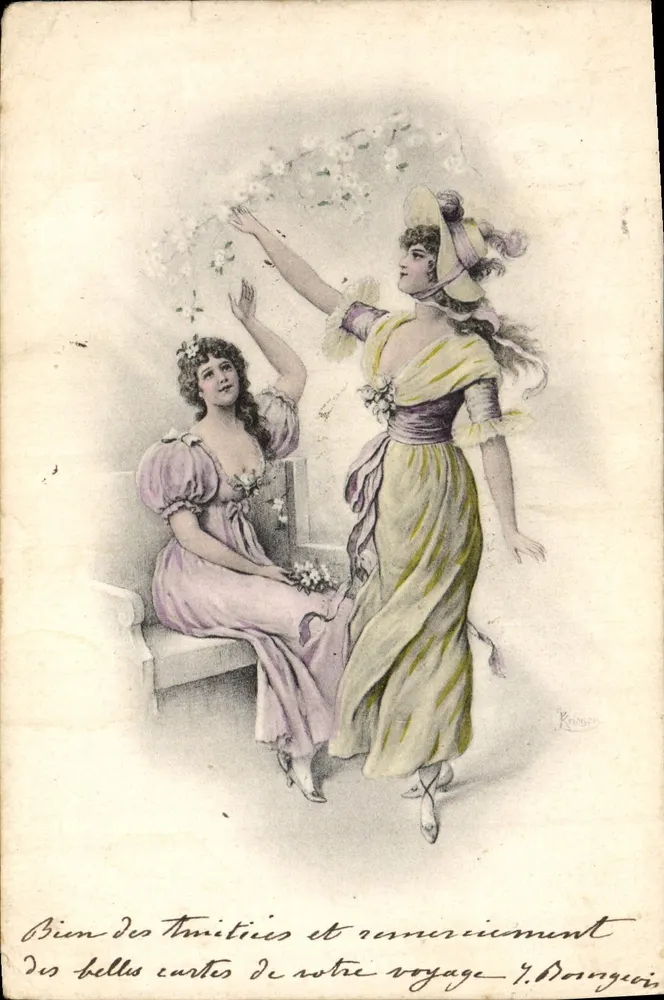 Deux jeunes femmes en robe de style 1900 — scène de jardin — éditeur J. Donzegoi - Vorderseite