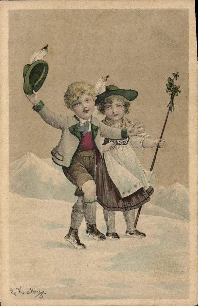 Kinder in traditioneller Alpenkleidung — R. Kialky — Ansichtskarte - Vorderseite