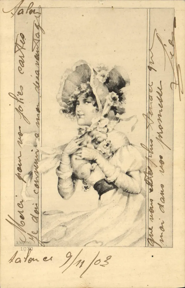 Junge Frau mit blumengeschmücktem Hut — Illustration — R. RABATKI, n° 1070 - Vorderseite