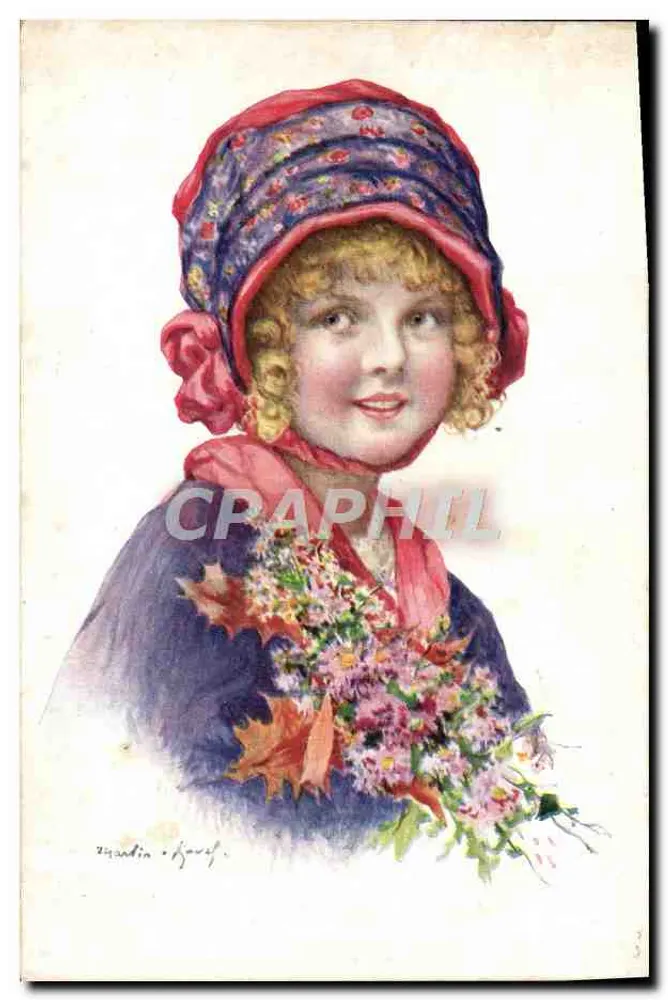 Junge Mädchen in einem Blumenmützen — Herbstblumenstrauß — Gravur signiert von 'Chardin & Jourf.' - Vorderseite