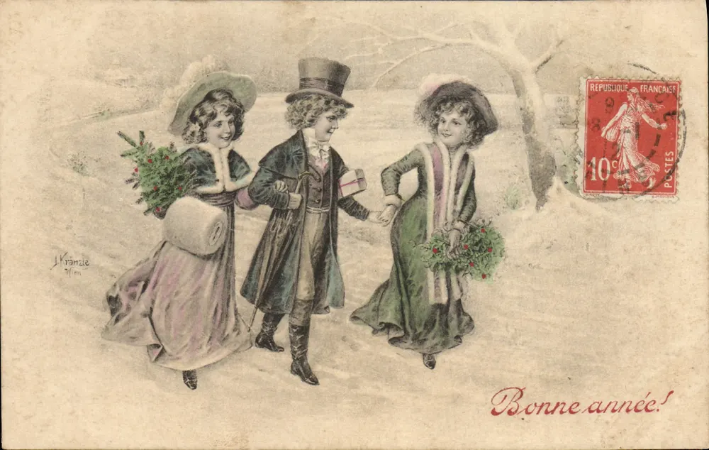 Kinder in Winterkleidung — WeihnachtsSzene — J. Krianzle, Paris - Vorderseite