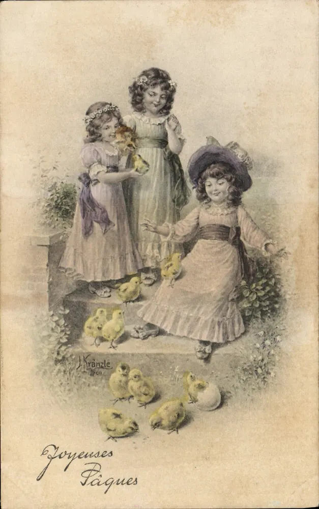 Drei junge Mädchen mit Küken — Frohe Ostern — J. Kränzle, W. 1900 - Vorderseite
