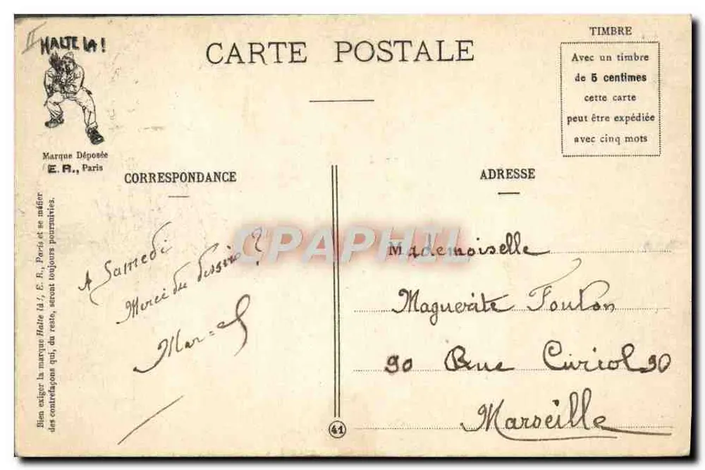 L'Échelle — karikatura żołnierzy na drabinie — E.R., Paryż, zarejestrowany model nr 18 - Rewers