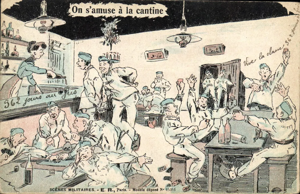 Divertindo-se na cantina — CENÁRIOS MILITARES — E.R., Paris — Modelo depositado N° 15381 - Frente