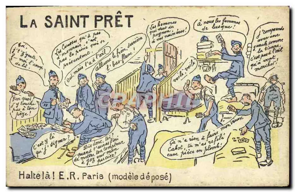 La Saint Prêt — caricatura militar — Haltel ! E.R. Paris (modelo depositado) - Frente