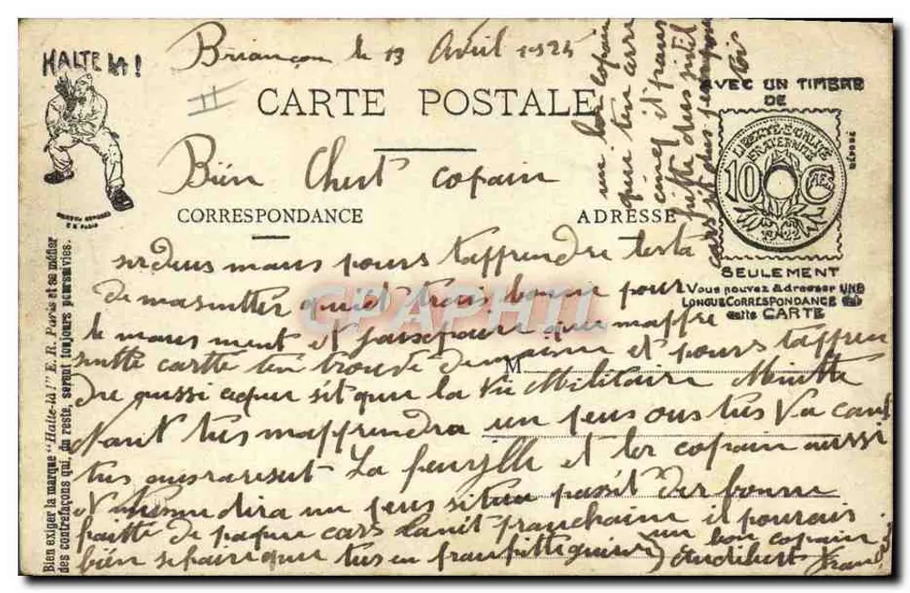 La Saint Prêt — caricatura militar — Haltel ! E.R. Paris (modelo depositado) - Verso