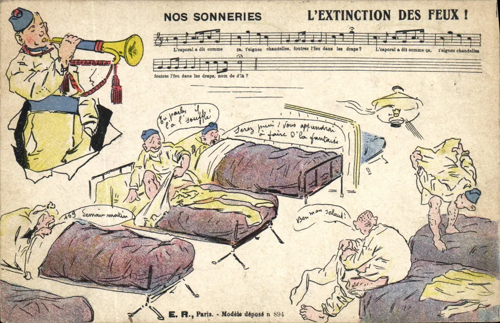 Soldati che si addormentano — Nos Sonneries : L'Estinzione dei Fuochi! — E.R., Parigi, Modello depositato n. 894 - Recto