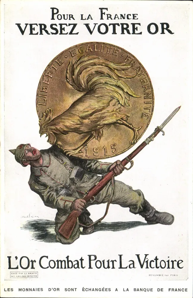 Soldat und gallischer Hahn — Aufruf zur Goldsammlung für Frankreich — Devambez, Verlag Paris - Vorderseite