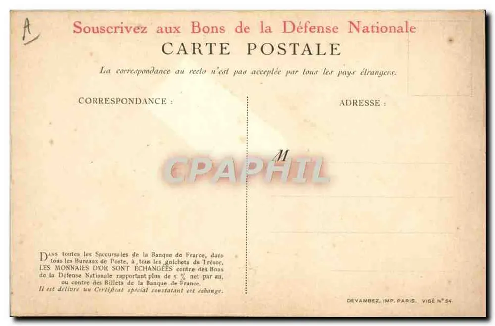 Soldat und gallischer Hahn — Aufruf zur Goldsammlung für Frankreich — Devambez, Verlag Paris - Rückseite