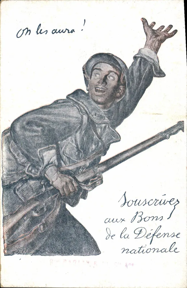 Soldat in Aktion — Patriotischer Slogan — Devambéz, Imp. Paris, N° 90 - Vorderseite