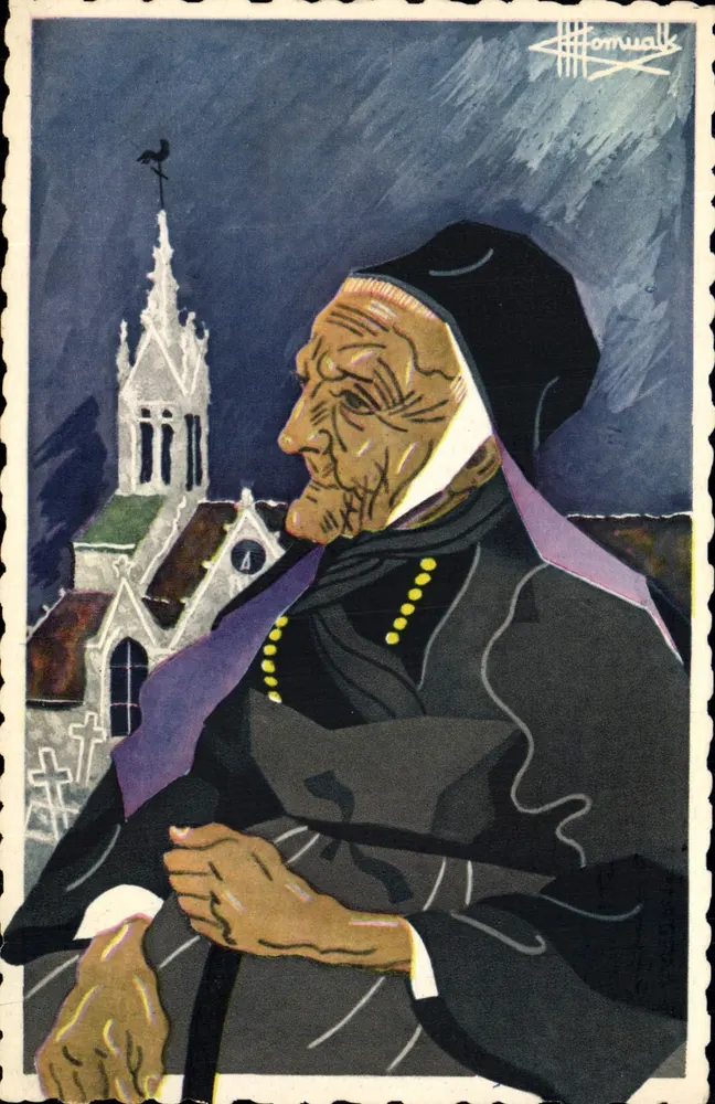 Religiosa antiga — diante de uma igreja gótica — reprodução de aquarela de Charles Homuwalk - Frente