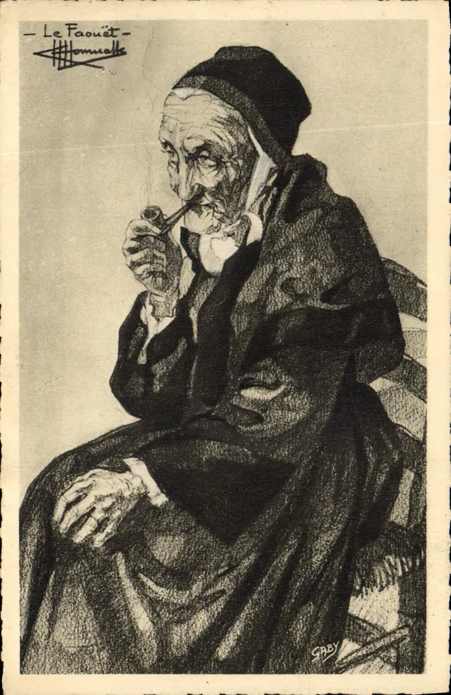 Le Faouët — retrato de uma mulher idosa fumando um cachimbo — desenhos de Charles Homualk, editado por Gaby - Frente