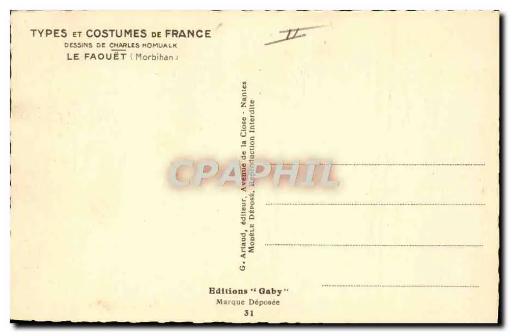Le Faouët — Tipos e trajes da França — Desenhos de Charles Homualk, editor G. Artaud, Nantes - Verso
