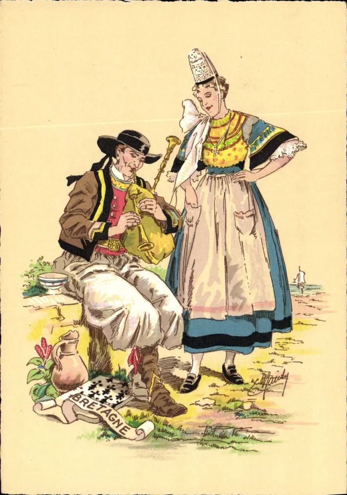 Bretanha — músico e mulher em traje tradicional — 1185 G - Frente