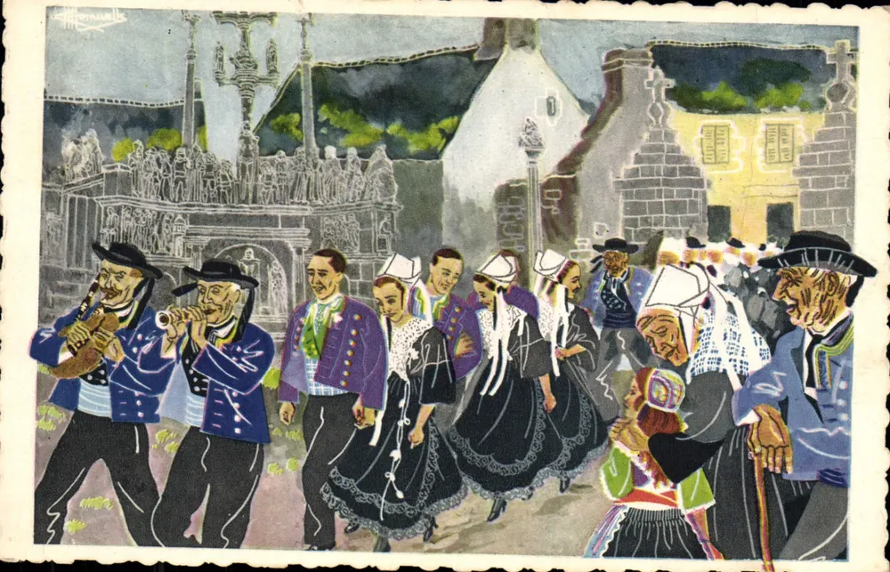Eine Hochzeit in Plougaestel — Finistère — Aquarell-Reproduktion von Charles Homualk, veröffentlicht von G. Artaud - Vorderseite